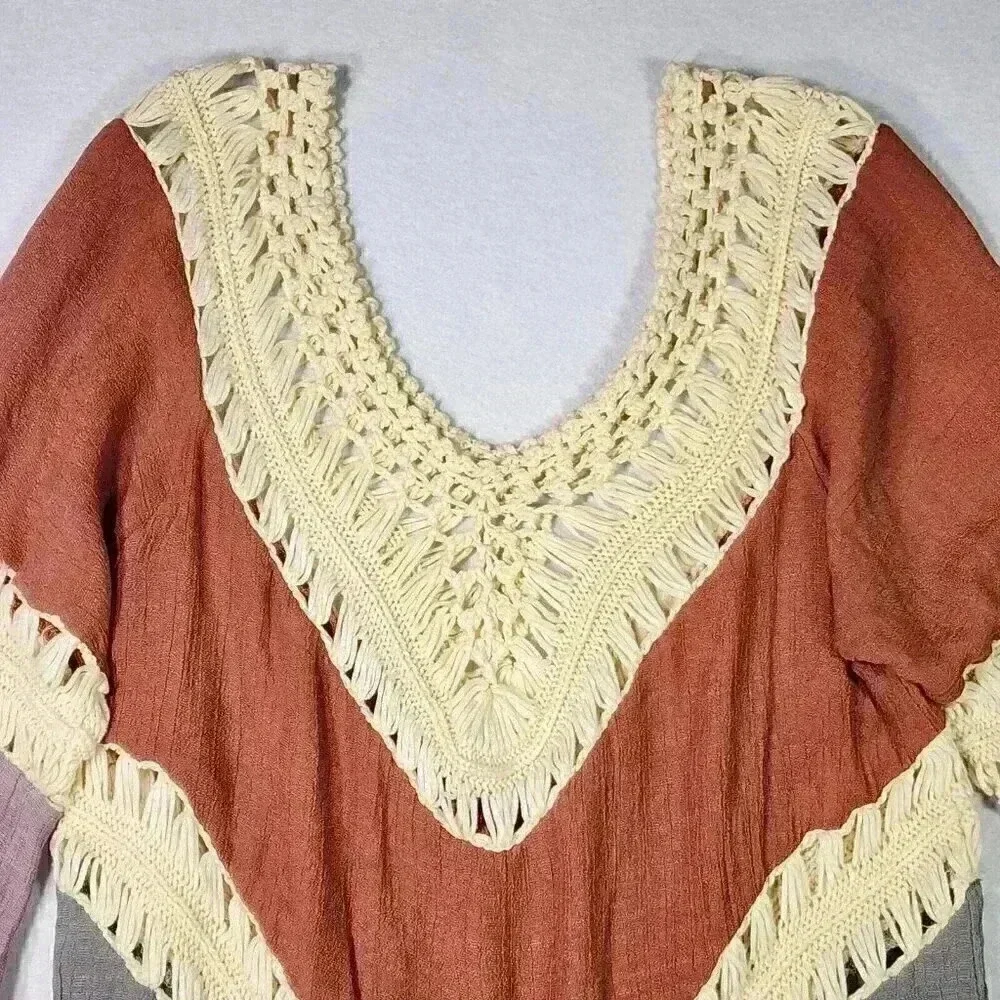 Women's Crochet Crinkle V-Neck Tunic Hippie BOHO Peasant‎ Coverup Earthy Blouse